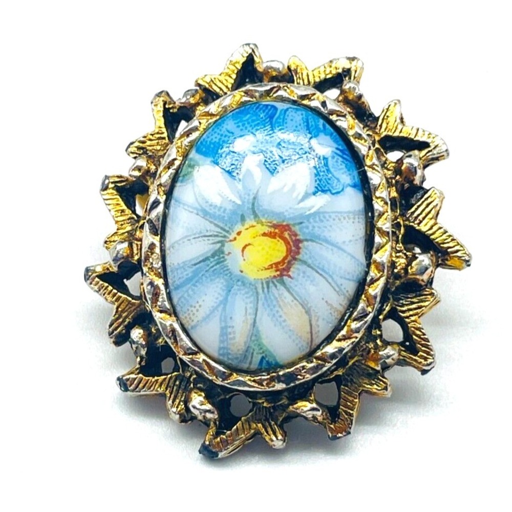 Vintage Blue Enamel Flower Brooch Gold Tone Oval Floral Pin Statement Jewelry